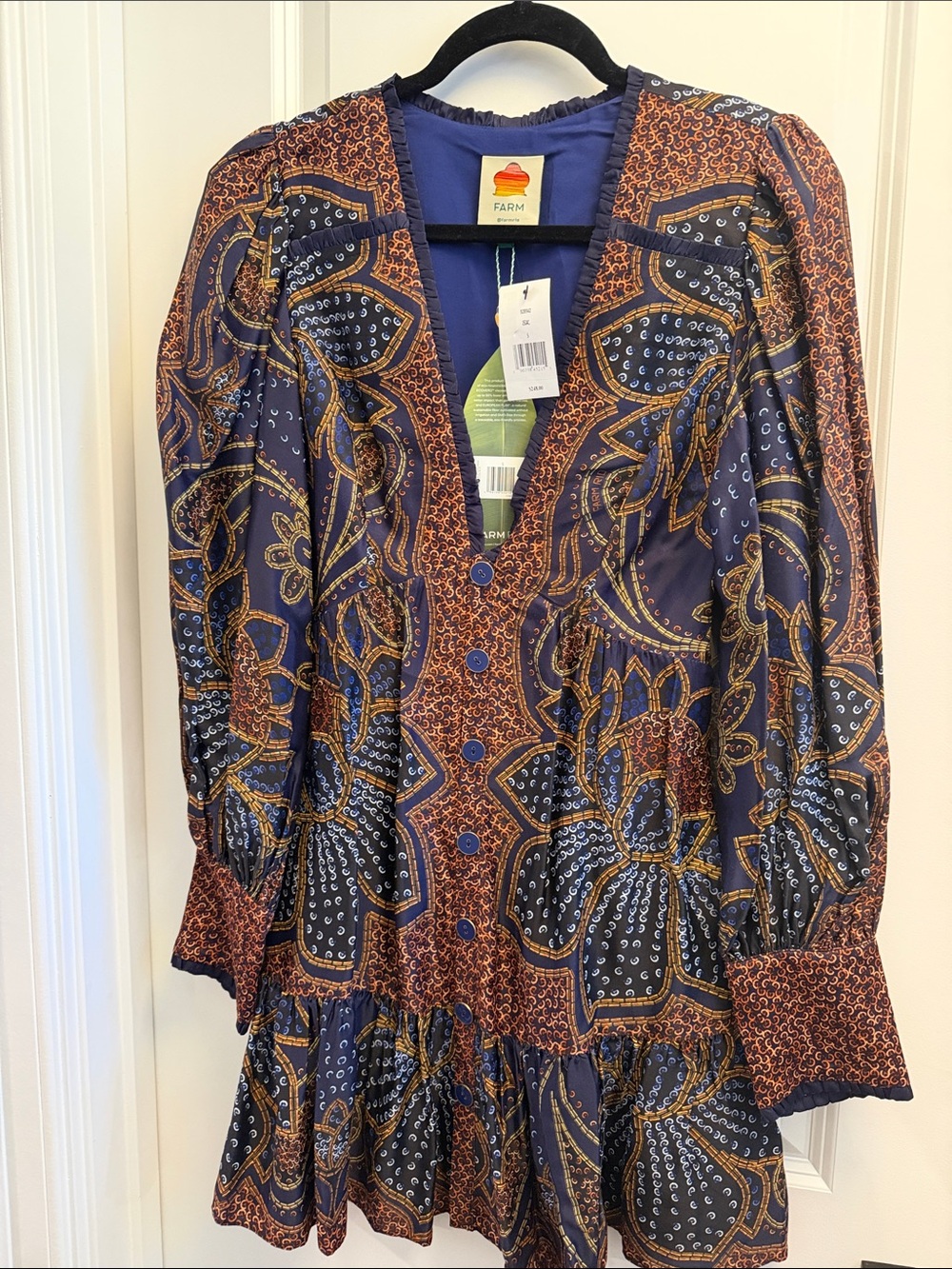 FARM Rio Navy, Rust & Gold Paisley Button-Front Mini Dress